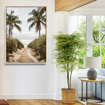 47319550-MGV-CV-24X36-Tropical Beach Wall Art Canvas Print, Framed Rustic Sand Art Picture Print, Palm Tree Perfect Tropical Coastal Decor Artwork