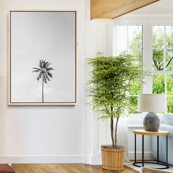 67263674-MGV-CV-24X36-Lone Palm Tree Wall Art Canvas Print, Framed Minimalist Tropical Art Picture Print, Monochrome Beach Perfect Modern Coastal