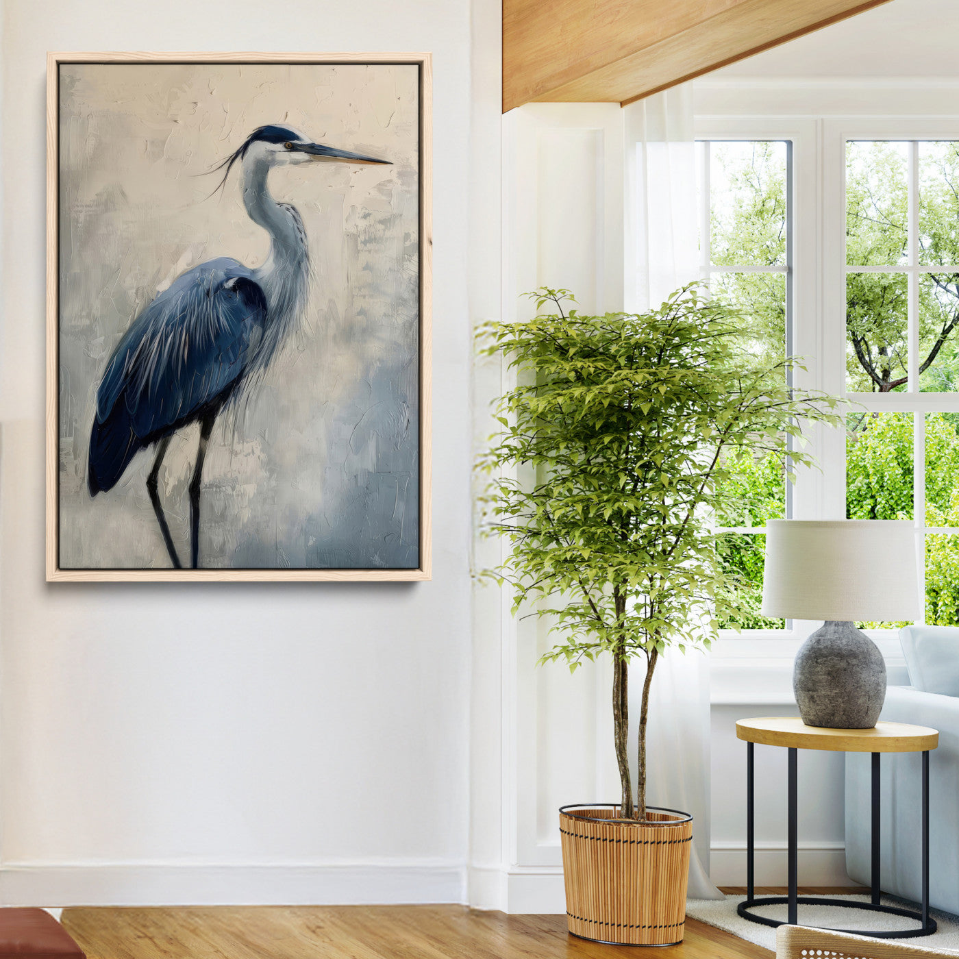 51380726-MGV-CV-24X36-Blue Heron Decor Wall Art Canvas Print, Framed Coastal Bird Design Art Picture Print, Minimal Heron Portrait Perfect Coastal