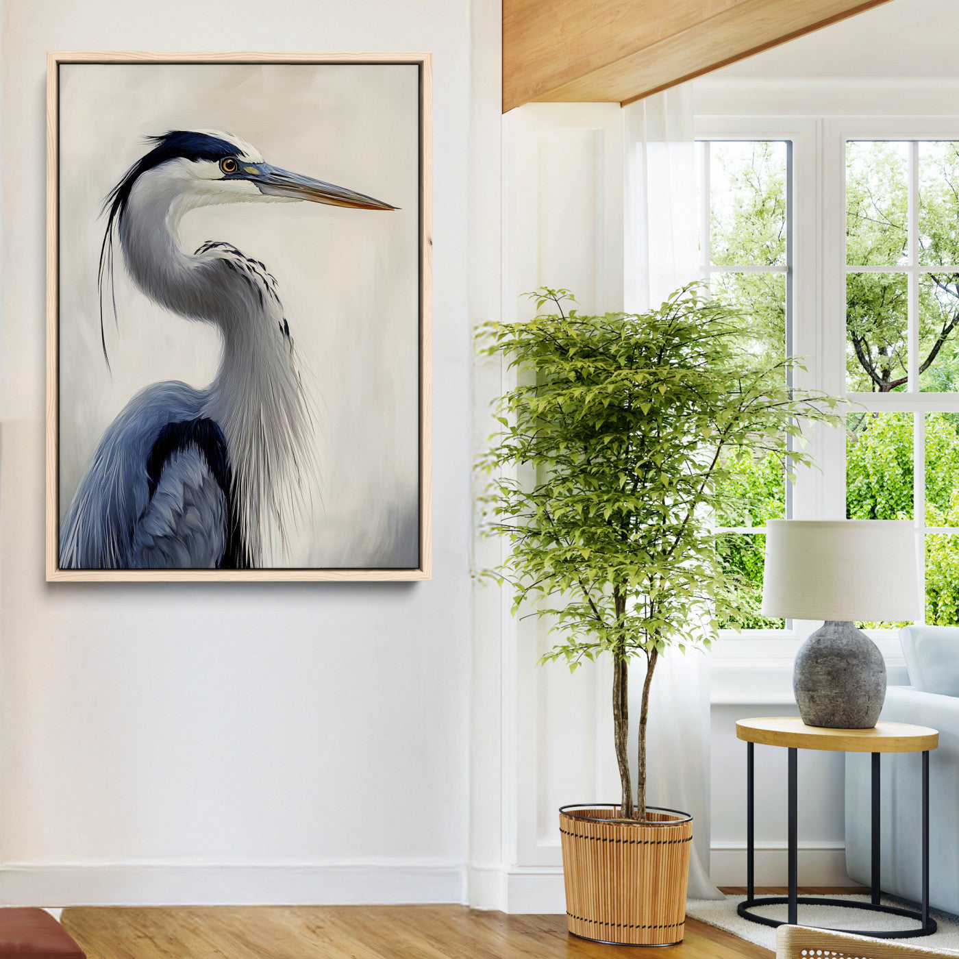 79581184-MGV-CV-24X36-Blue Heron Wall Art Canvas Print, Framed Elegant Wildlife Art Picture Print, Minimalist Bird Theme Perfect Coastal Minimalist