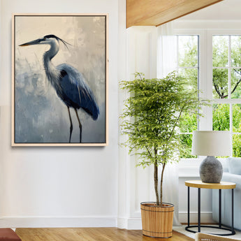 68368019-MGV-CV-24X36-Blue Heron Art Wall Art Canvas Print, Framed Crane Bird Painting Art Picture Print, Elegant Wildlife Scene Perfect Coastal