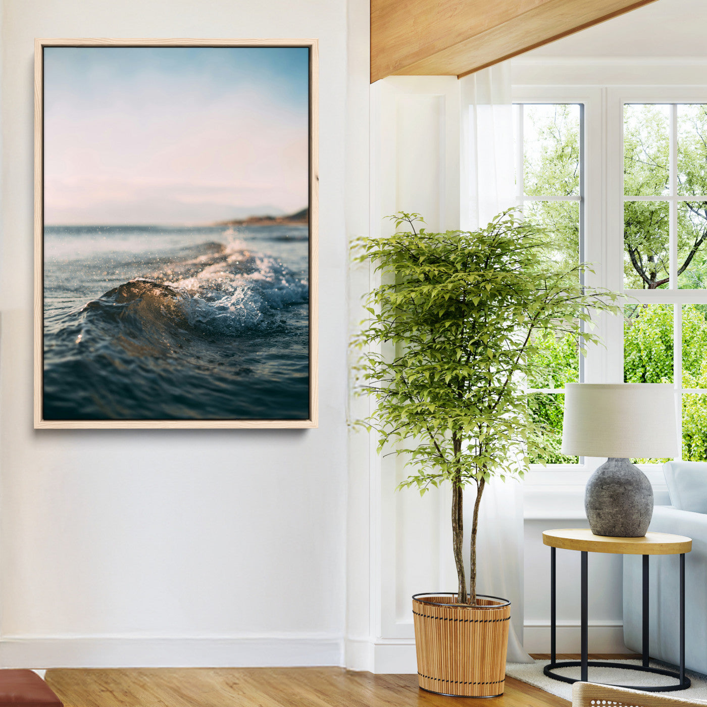 65283502-MGV-CV-24X36-Ocean Waves Wall Art Canvas Print, Framed Coastal Serenity Art Picture Print, Golden Hour Perfect Modern Coastal Decor Artwork