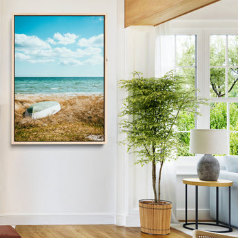 21725303-MGV-CV-24X36-Coastal Serenity Wall Art Canvas Print, Framed Ocean View Art Picture Print, Rustic Boat Perfect Nautical Coastal Decor Artwork