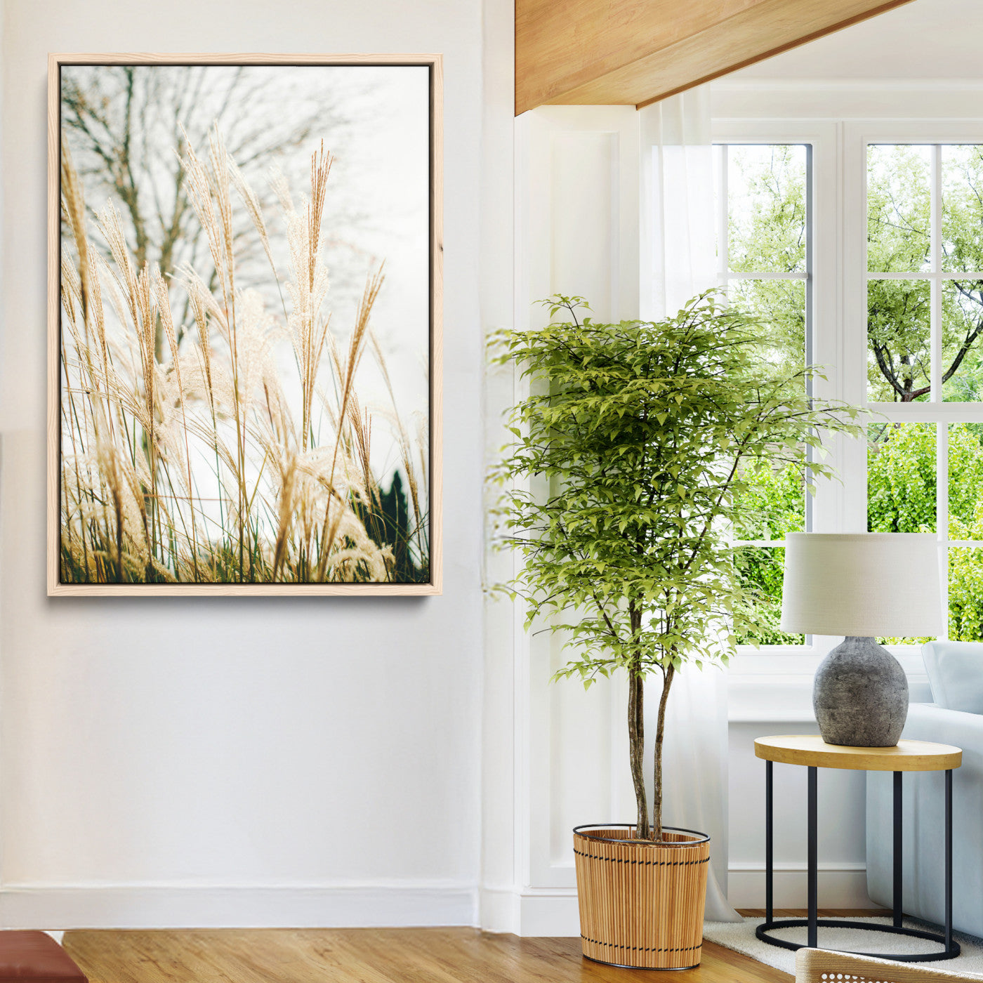 17571705-MGV-CV-24X36-Pampas Grass Wall Art Canvas Print, Framed Neutral Tones Art Picture Print, Minimalist Nature Perfect Boho Minimalist Decor