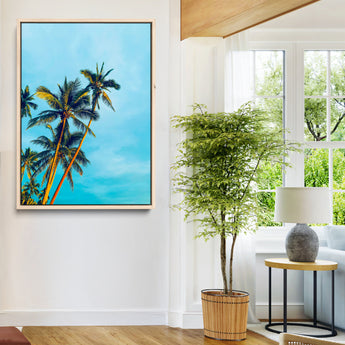 62885569-MGV-CV-24X36-Palm Trees Wall Art Canvas Print, Framed Tropical Vibes Art Picture Print, Blue Sky Perfect Coastal Boho Decor Artwork