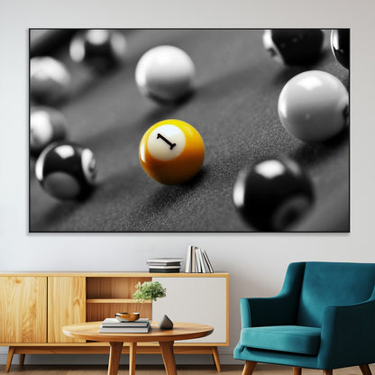 52108-MGV-CV-36X24-Precision Pool Table Wall Art – Close Up Yellow 1 Ball Canvas Print, Hand-Played Billiards Game Decor for Office, Game Room, or