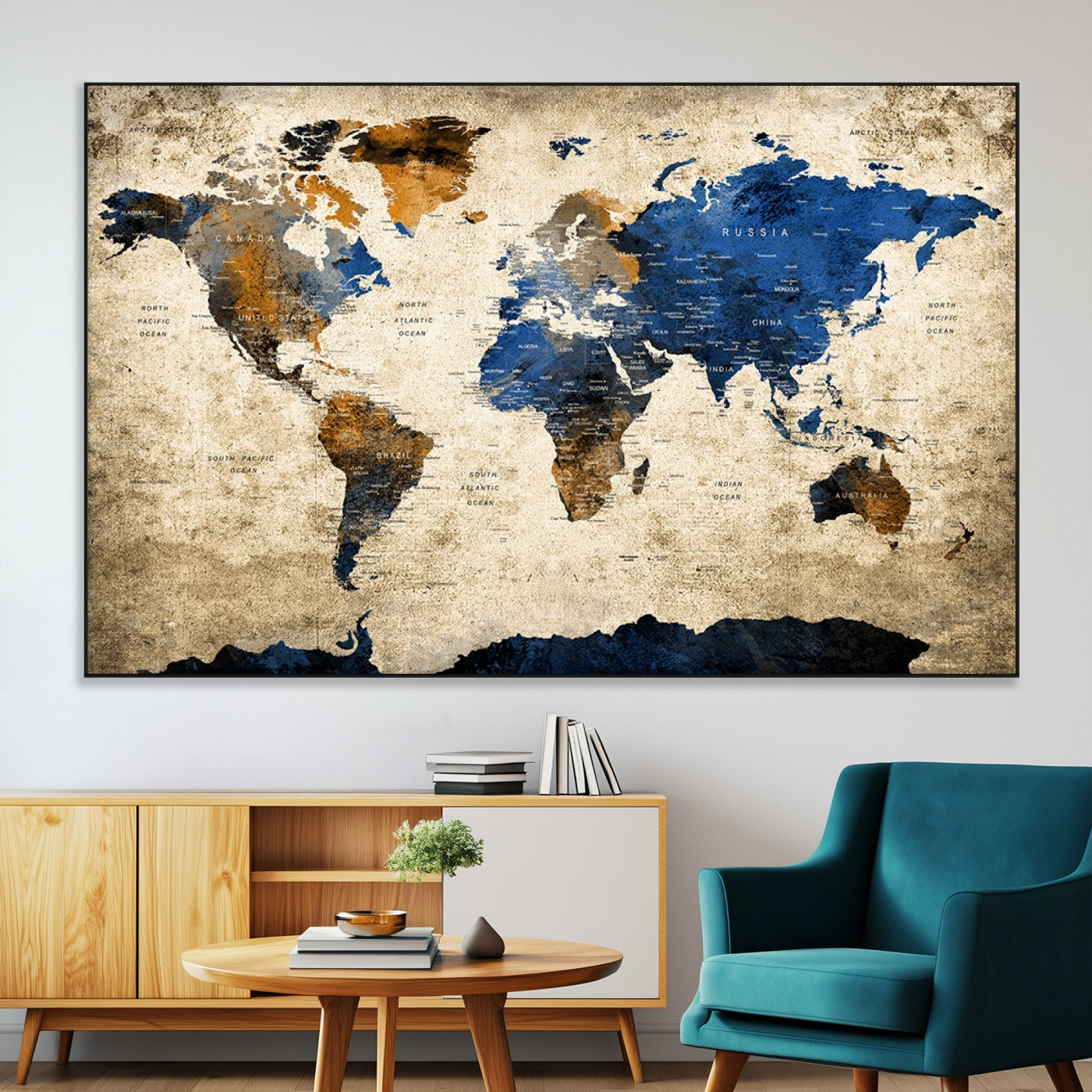 58821-MGV-CV-36X24-Blue and Gold World Map Canvas Wall Art – Elegant Vintage Travel Map Print, Large Framed Wall Decor for Living Room, Study, Home or Office