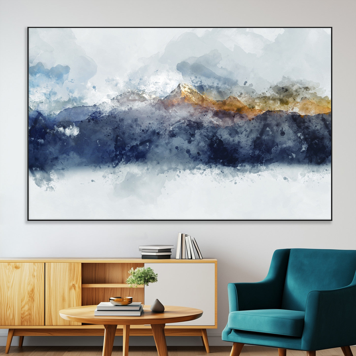 89149-MGV-CV-36X24-Abstract Mountain Wall Art – Watercolor Landscape Canvas Print with Blue and Orange Tones, Modern Nature Decor for Living Room or
