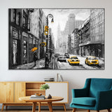 32362-MGV-CV-36X24-NYC Street Wall Art – Black and White Cityscape with Yellow Taxis and Umbrella Canvas Print, Urban Home Decor for Living Room or
