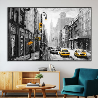 32362-MGV-CV-36X24-NYC Street Wall Art – Black and White Cityscape with Yellow Taxis and Umbrella Canvas Print, Urban Home Decor for Living Room or
