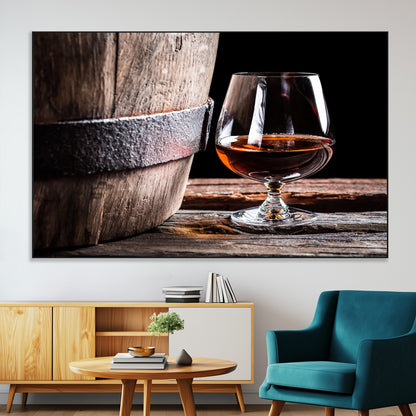 50839-MGV-CV-36X24-Barrel & Brandy Wall Art – Rustic Whiskey Barrel and Brandy Glass Canvas Print, Elegant Home Bar or Lounge Decor for Office, Man