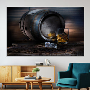 78049-MGV-CV-36X24-Whiskey Barrel Wall Art – Rustic Whiskey Barrel and Glass with Ice Canvas Print, Classic Bar or Lounge Decor for Home, Office, or