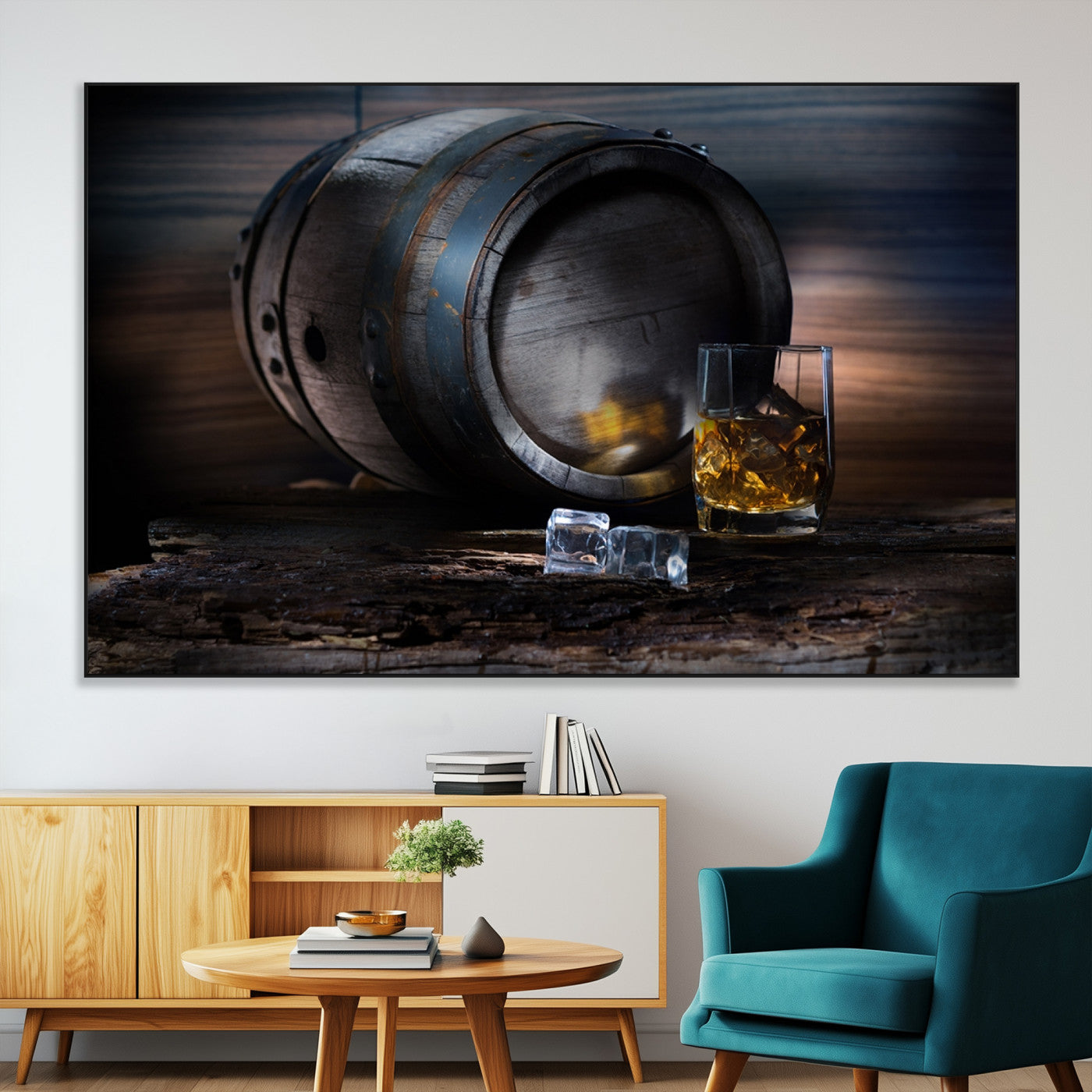 78049-MGV-CV-36X24-Whiskey Barrel Wall Art – Rustic Whiskey Barrel and Glass with Ice Canvas Print, Classic Bar or Lounge Decor for Home, Office, or