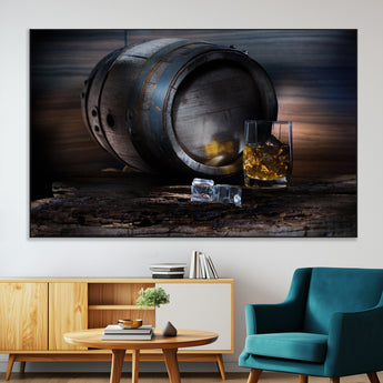 78049-MGV-CV-36X24-Whiskey Barrel Wall Art – Rustic Whiskey Barrel and Glass with Ice Canvas Print, Classic Bar or Lounge Decor for Home, Office, or