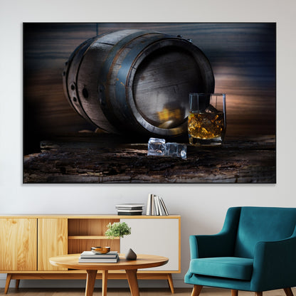78049-MGV-CV-36X24-Whiskey Barrel Wall Art – Rustic Whiskey Barrel and Glass with Ice Canvas Print, Classic Bar or Lounge Decor for Home, Office, or