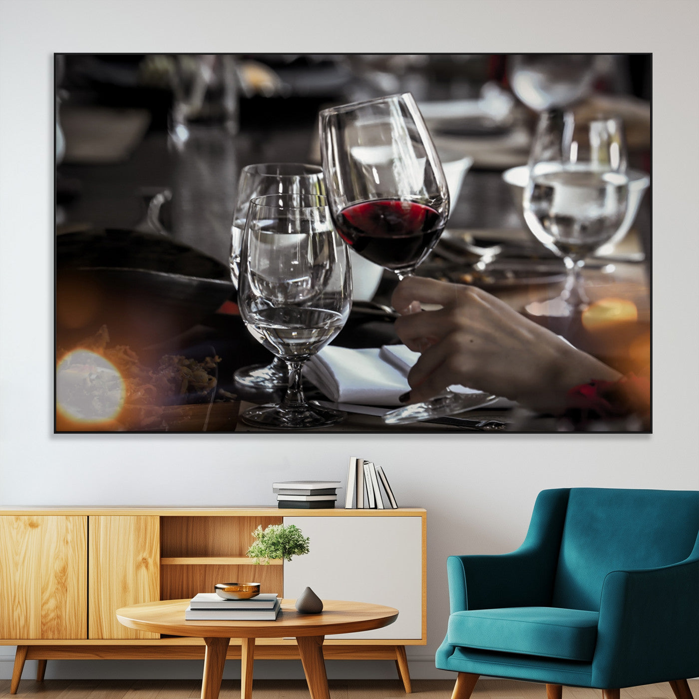 75513-MGV-CV-36X24-Elegant Wine Toast Wall Art – Close-Up Red Wine Glass at Dinner Table Canvas Print, Sophisticated Dining Room or Bar Decor