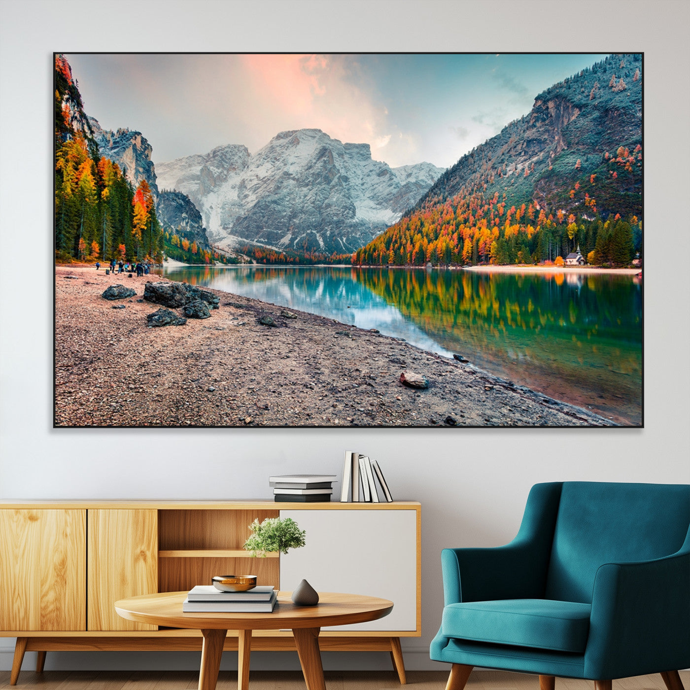 25982-MGV-CV-36X24-Autumn Mountain Lake Wall Art – Panoramic Fall Foliage and Snowy Peaks Canvas Print, Scenic Nature Decor for Living Room or Office