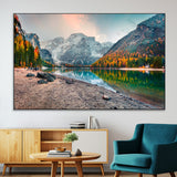 25982-MGV-CV-36X24-Autumn Mountain Lake Wall Art – Panoramic Fall Foliage and Snowy Peaks Canvas Print, Scenic Nature Decor for Living Room or Office