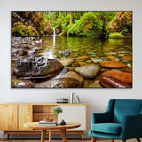 98096-MGV-CV-36X24-Serene River Waterfall Nature Photo – Calm Clear Water, Vibrant Green Forest and Smooth Stones Landscape Wall Art for Home or