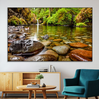 98096-MGV-CV-36X24-Serene River Waterfall Nature Photo – Calm Clear Water, Vibrant Green Forest and Smooth Stones Landscape Wall Art for Home or