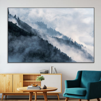 85737-MGV-CV-36X24-Misty Mountain Wall Art – Atmospheric Pine Forest Canvas Print with Fog and Mist, Calm Nature Decor for Living Room, Bedroom,