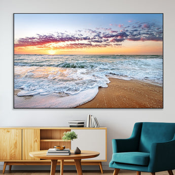 39560-MGV-CV-36X24-Sunrise Beach Wall Art – Vibrant Ocean Waves and Golden Sand Canvas Print, Seaside Coastal Decor for Living Room, Bedroom or