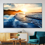 86173-MGV-CV-36X24-Golden Sunset Beach Wall Art – Reflective Ocean Canvas Print with Mountains and Waves, Coastal Nature Decor for Living Room,