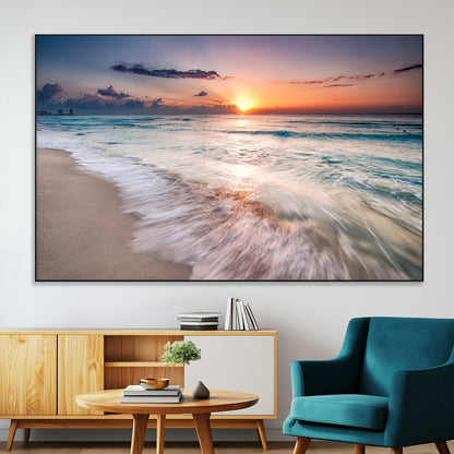 71849-MGV-CV-36X24-Sunrise Ocean Beach Wall Art – Serene Seascape Canvas Print with Gentle Waves, Coastal Nature Decor for Bedroom, Living Room or