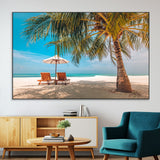 69754-MGV-CV-36X24-Tropical Beach Wall Art – Relaxing Palm Tree and Lounge Chairs Canvas Print, Serene Coastal Decor for Living Room, Bedroom, Office