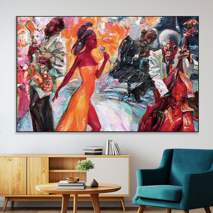 24452-MGV-CV-36X24-Vibrant Jazz Musician Painting - Expressive Art Print of Live Jazz Band, Perfect Wall Decor for Music Lovers and Art Enthusiasts