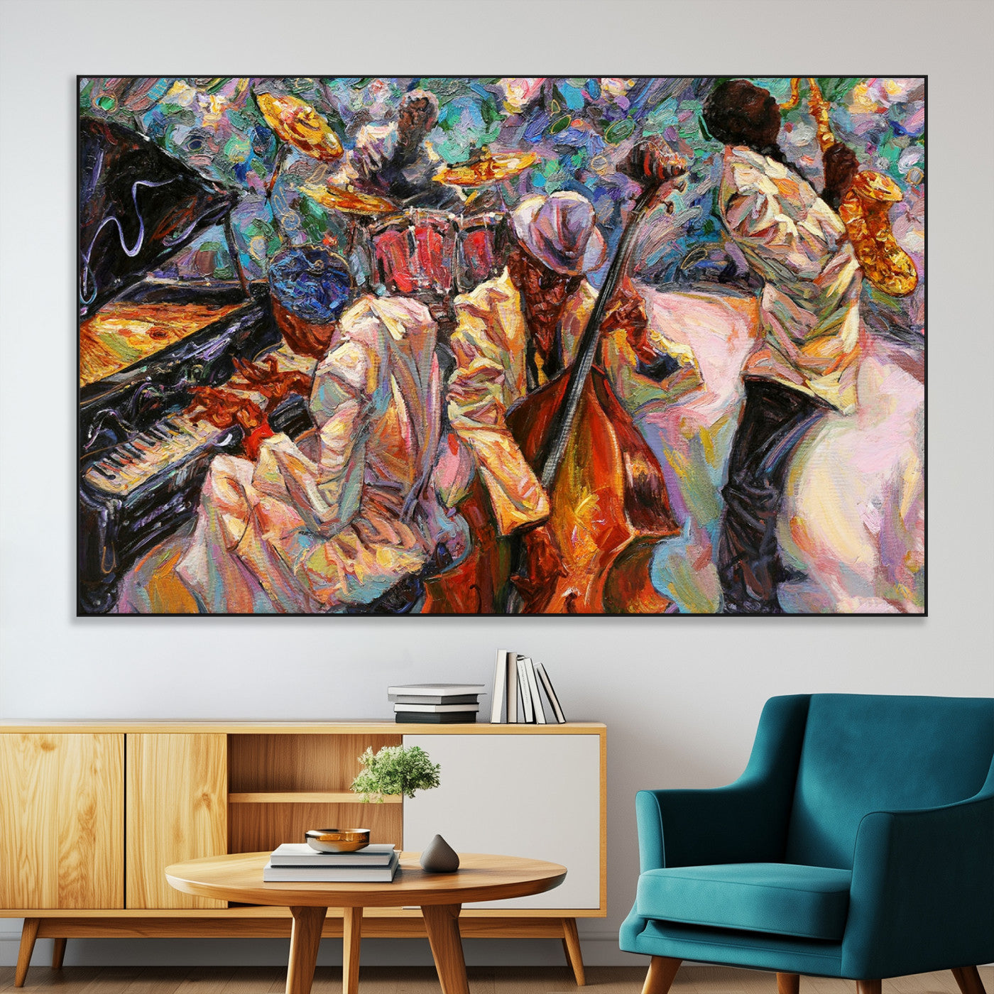 34929-MGV-CV-36X24-Vibrant Jazz Band Painting – Colorful Musical Art Print, Energetic Wall Decor for Music Lovers, Modern Home or Studio Decoration