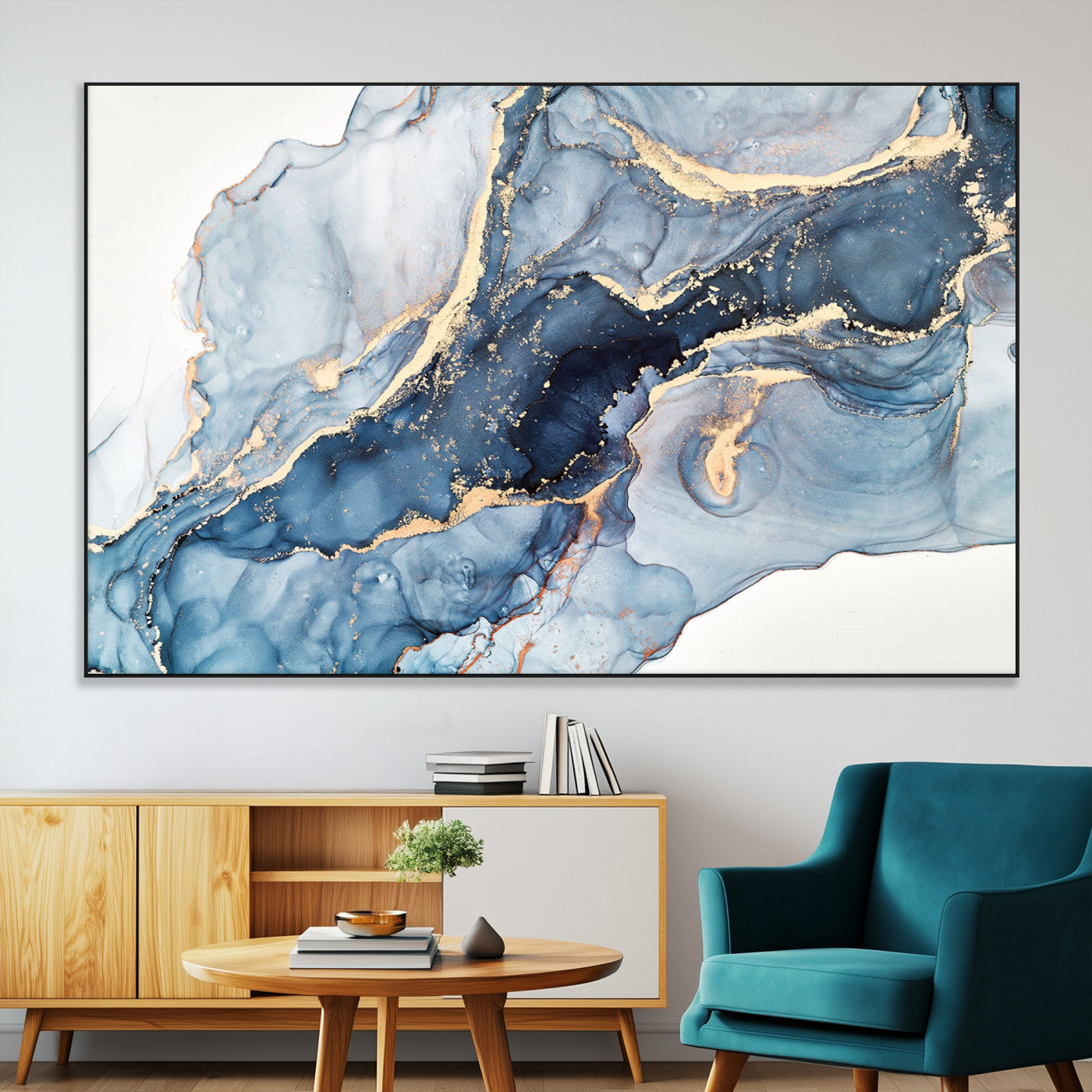 33782-MGV-CV-36X24-Abstract Marble Wall Art – Blue & Gold Fluid Painting Canvas Print, Modern Home Decor for Living Room, Bedroom or Office