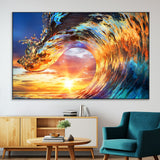 52890-MGV-CV-36X24-Surfing Wave Wall Art Canvas Print, Framed Sunset Ocean Art Picture Print, Ocean Wave Perfect Nautical Decor Artwork