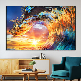 52890-MGV-CV-36X24-Surfing Wave Wall Art Canvas Print, Framed Sunset Ocean Art Picture Print, Ocean Wave Perfect Nautical Decor Artwork