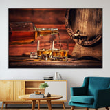 21266-MGV-CV-36X24-Pouring Whiskey into Glasses with Ice – Rustic Wooden Barrel Background, Warm Ambient Lighting, Ideal Decor for Home or Office