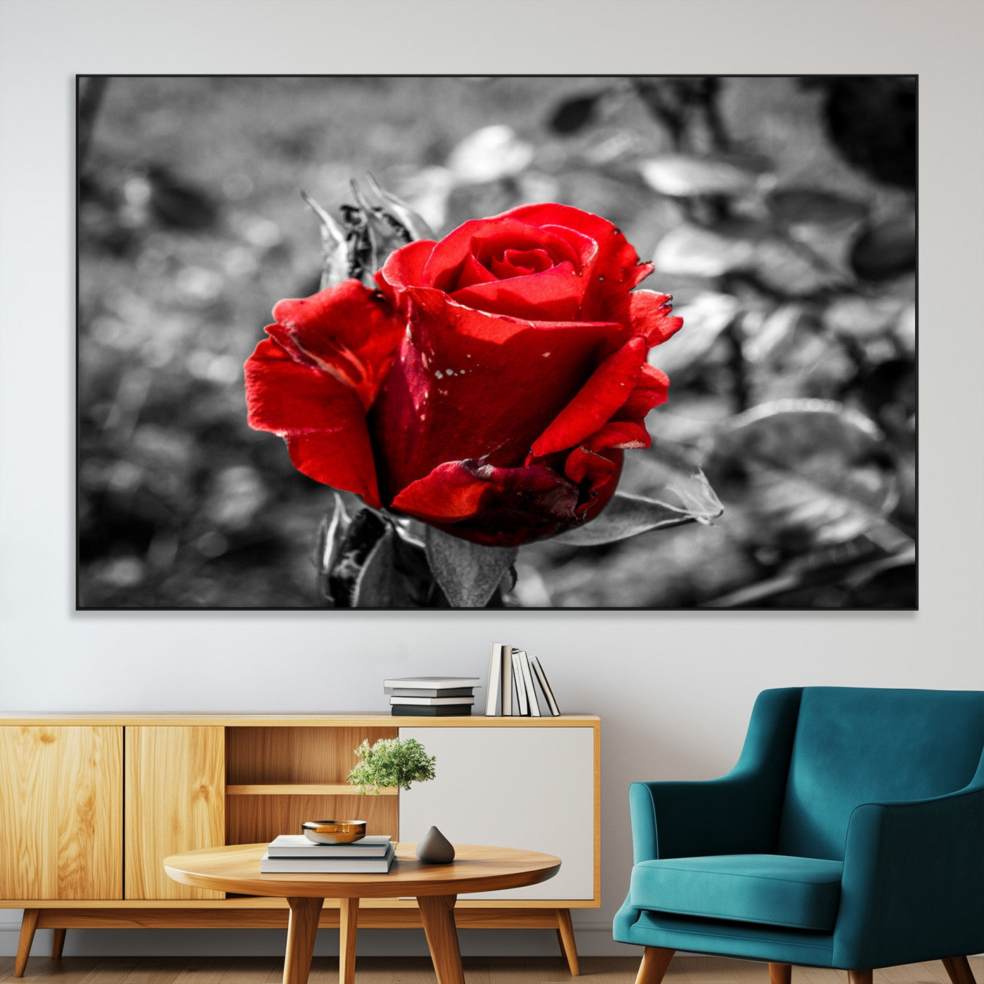84671-MGV-CV-36X24-Red Rose Wall Art – Vibrant Single Bloom Canvas Print with Black and White Background, Elegant Floral Decor for Living Room,