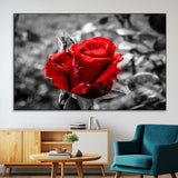 84671-MGV-CV-36X24-Red Rose Wall Art – Vibrant Single Bloom Canvas Print with Black and White Background, Elegant Floral Decor for Living Room,