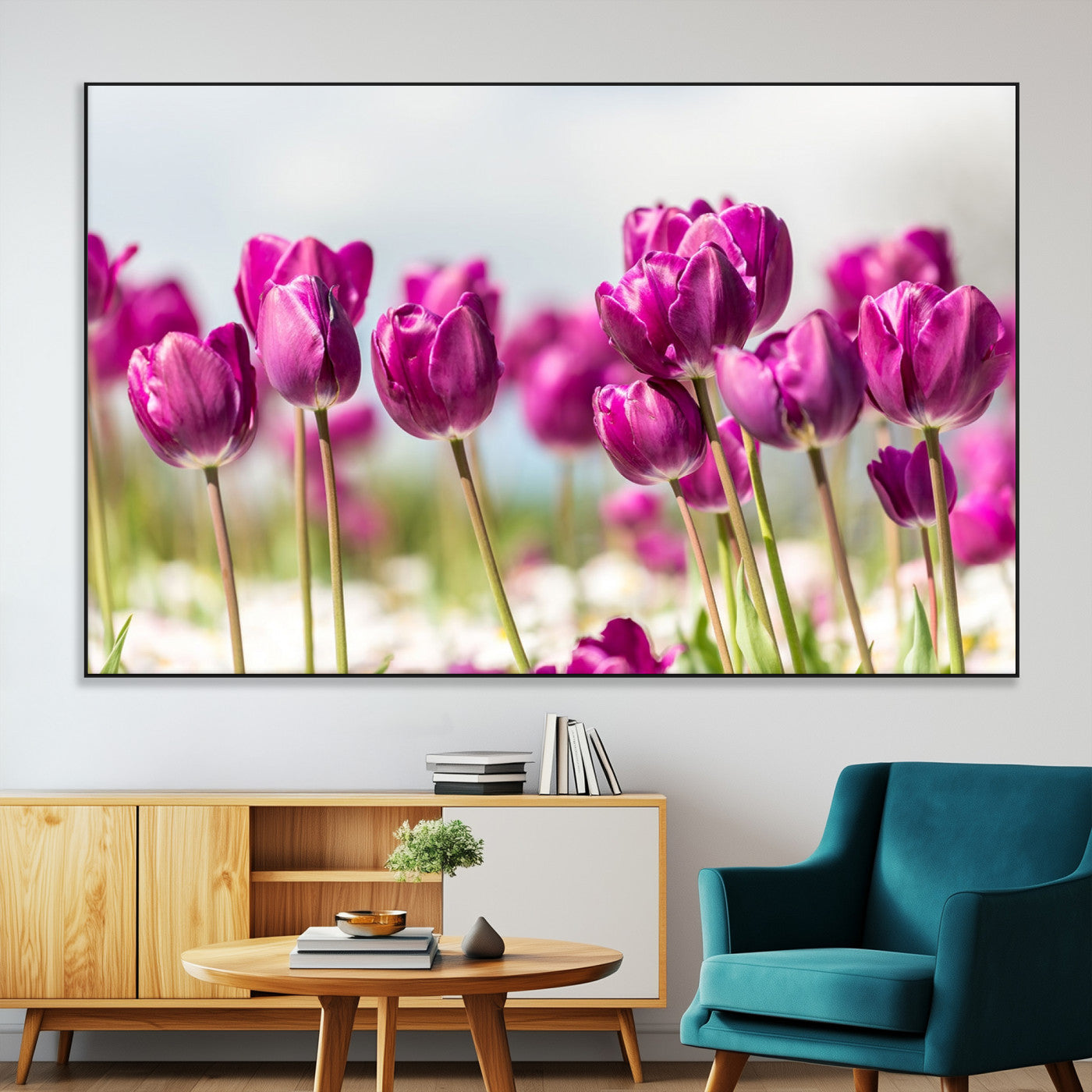 30632-MGV-CV-36X24-Purple Tulip Field Wall Art – Beautiful Spring Flowers Canvas Print with Soft Focus and Bright Sky, Ideal Floral Decor for Home or