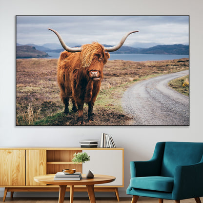 56121-MGV-CV-36X24-Rustic Highland Cow Wall Art – Panoramic Nature Canvas Print, Perfect Decor for Home, Office, Living Room or Man Cave