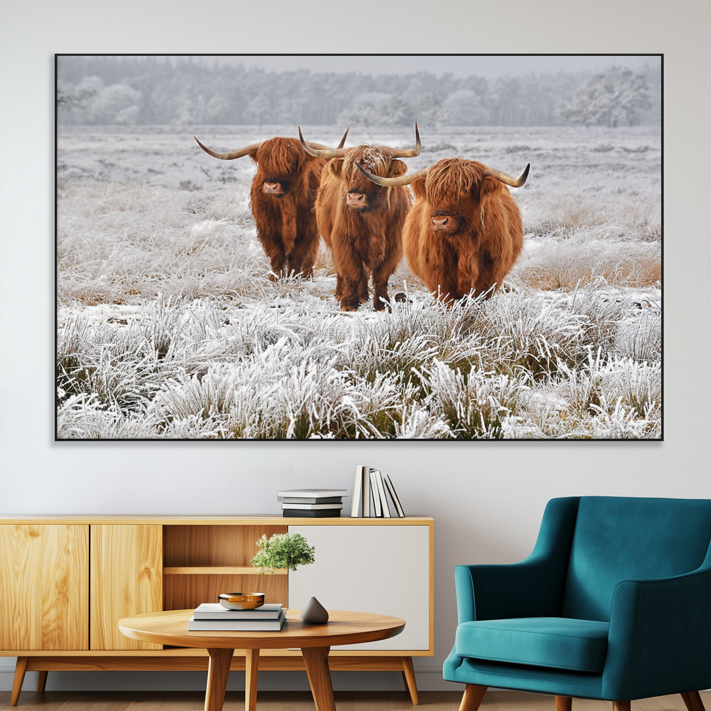 10396-MGV-CV-36X24-Highland Cattle Wall Art – Rustic Winter Landscape Canvas Print, Farmhouse Decor for Living Room, Office, Cabin or Country Home