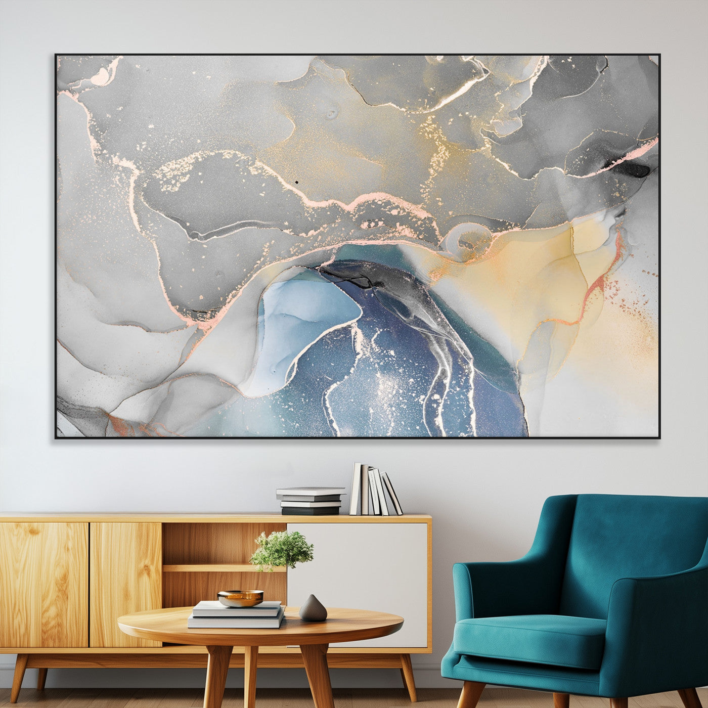 63211-MGV-CV-36X24-Abstract Fluid Art Wall Decor – Blue, Gray & Gold Canvas Print, Modern Home and Office Wall Art Decor for Living Room, Bedroom or
