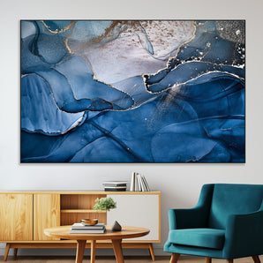 27810-MGV-CV-36X24-Abstract Blue Gold Fluid Art Wall – Modern Canvas Print, Elegant Home & Office Wall Art, Stylish Living Room or Bedroom Decor