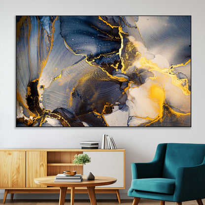 42100-MGV-CV-36X24-Golden Flow Abstract Wall Art – Panoramic Modern Blue and Gold Canvas Print, Contemporary Artistic Decor for Home, Office