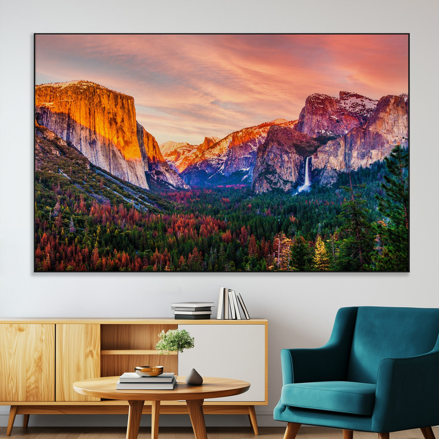 24519-MGV-CV-36X24-Yosemite Valley Sunset Wall Art – Majestic Mountain Landscape with Waterfall and Vibrant Sky, Nature Photography for Home or