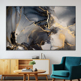 24068-MGV-CV-36X24-Luxury Abstract Wall Art – Gold & Gray Fluid Ink Painting Canvas, Modern Metallic Home Decor, Elegant Office or Living Room Accent
