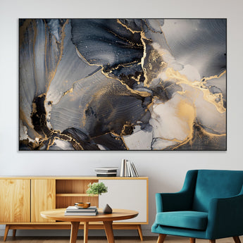 24068-MGV-CV-36X24-Luxury Abstract Wall Art – Gold & Gray Fluid Ink Painting Canvas, Modern Metallic Home Decor, Elegant Office or Living Room Accent
