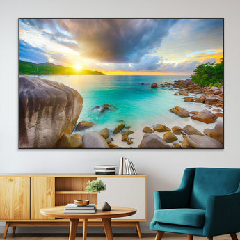 23769-SEG-FC-51X34_Oversize-Tropical Beach Sunset Wall Art – Ocean Waves and Rocky Shore Canvas Print, Coastal Seascape Photography Decor