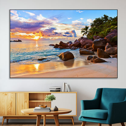 43209-SEG-FC-51X34_Oversize-Tropical Beach Sunset Wall Art – Golden Ocean Waves and Palm Trees with Rocky Shore Canvas Print, Coastal Seascape Decor for