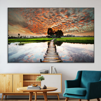 29105-MGV-CV-36X24-Rustic Wooden Bridge Wall Art – Scenic Sunset Over Rice Fields and Reflective Water Canvas Print, Nature Landscape Decor for