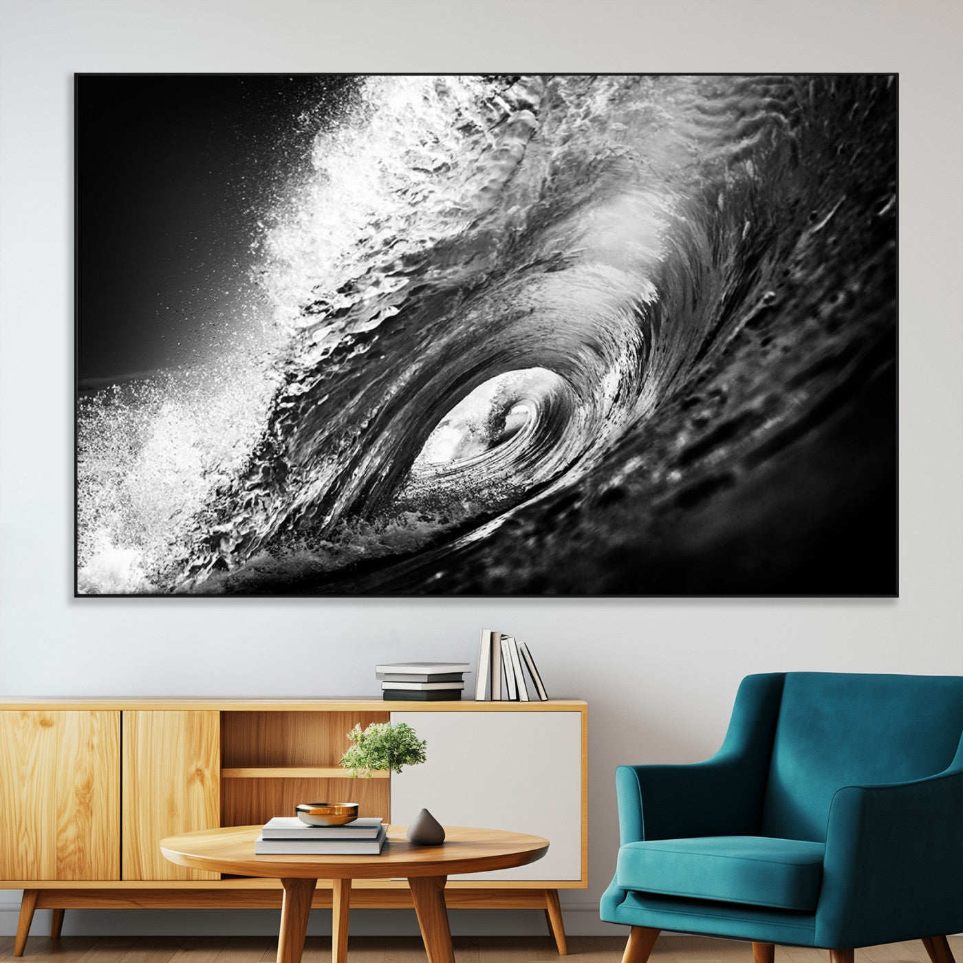 22702-SEG-FC-51X34_Oversize-Black and White Ocean Wave Wall Art – Powerful Surf Curl Photography Canvas Print, Modern Coastal Decor for Living Room, Office or